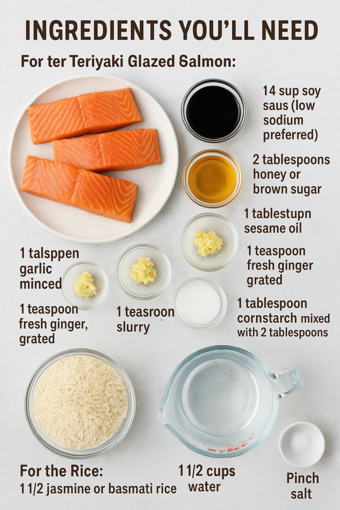 Teriyaki Glazed Salmon with Rice ingredients